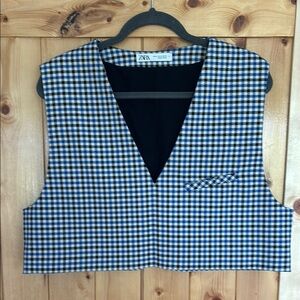 Zara Women’s Vest Size XL Houndstooth Tweed Blue Black V-Neck Cropped Lined EUC